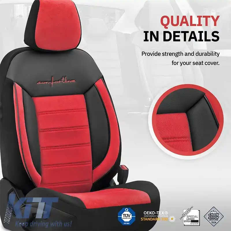 Huse de scaune Otom Comfortline Design Universal Sued / Rachel / Piele artificială Set față / spate 11 piese Negru - Roșu CMF-207-image-6305330