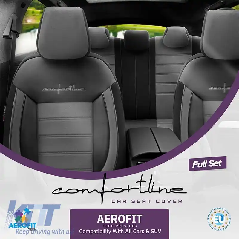 Huse de scaune Otom Comfortline Design Universal Sued / Rachel / Piele artificială Set față / spate 11 piese Negru - Gri CMF-206-image-6305357