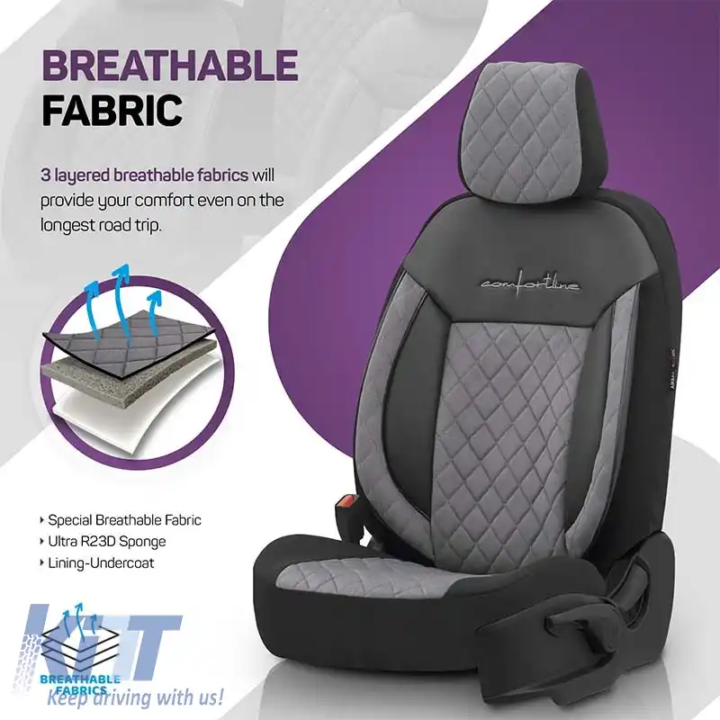 Huse de scaune Otom Comfortline VIP Design Universal Sued / Rachel / Piele artificială brodată Set față / spate 11 piese Negru - Gri CMV-233-image-6305306