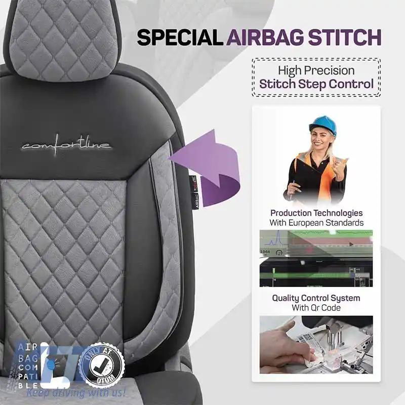 Huse de scaune Otom Comfortline VIP Design Universal Sued / Rachel / Piele artificială brodată Set față / spate 11 piese Negru - Gri CMV-233-image-6305307