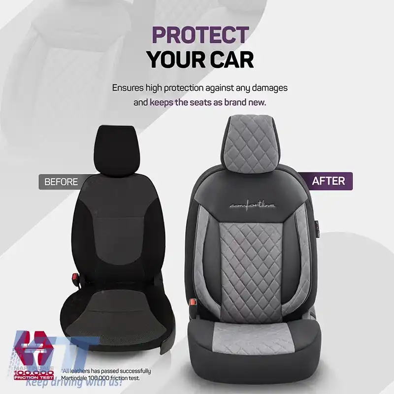 Huse de scaune Otom Comfortline VIP Design Universal Sued / Rachel / Piele artificială brodată Set față / spate 11 piese Negru - Gri CMV-233-image-6305311
