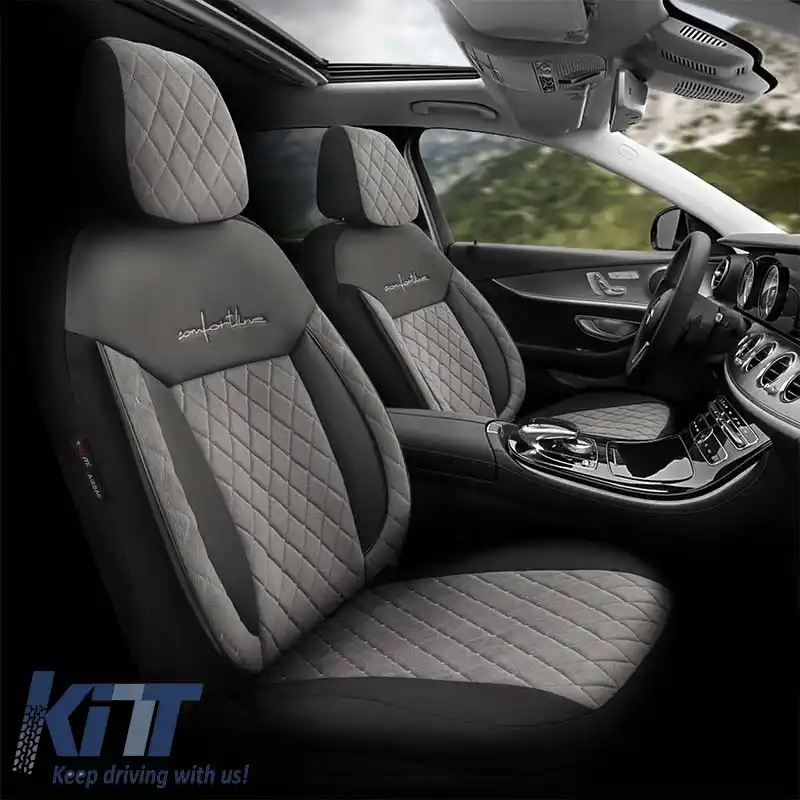 Huse de scaune Otom Comfortline VIP Design Universal Sued / Rachel / Piele artificială brodată Set față / spate 11 piese Negru - Gri CMV-233-image-6305313