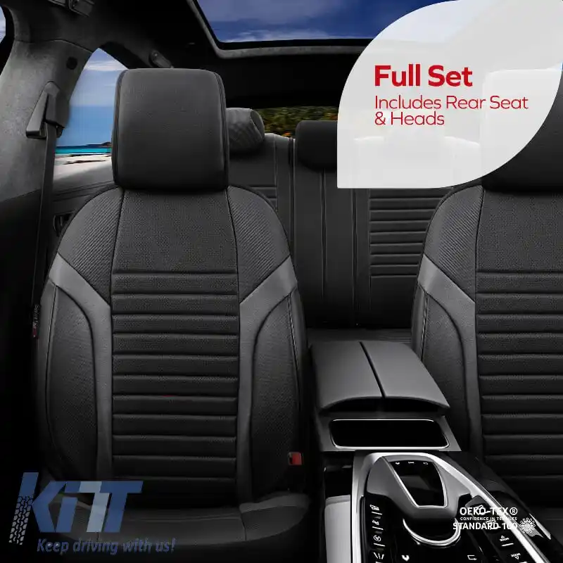 Huse de scaune Otom Coral Design Universale din Piele Artificială Completa Set Față / Spate 11 Piese Negru / Gri CRAL-106-image-6316860