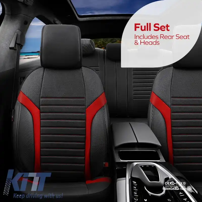 Huse de scaune Otom Coral Design Universale din Piele Artificială Set Complet Față / Spate 11 Piese Negru / Roșu CRAL-104-image-6316874
