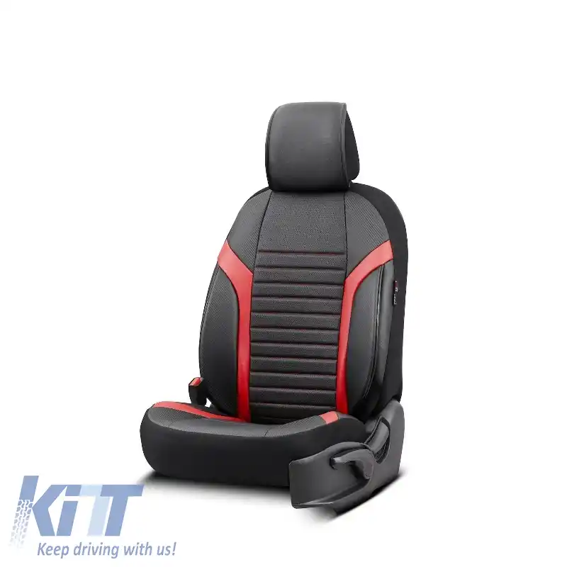 Huse de scaune Otom Coral Design Universale din Piele Artificială Set Complet Față / Spate 11 Piese Negru / Roșu CRAL-104-image-6316877