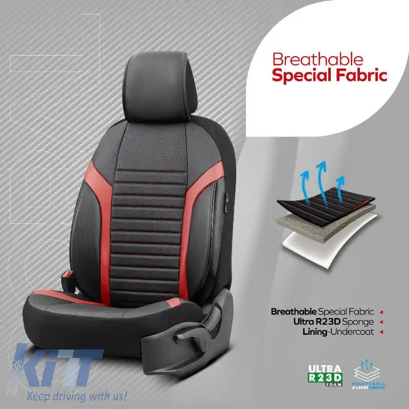 Huse de scaune Otom Coral Design Universale din Piele Artificială Completă Set Față / Spate 11 Piese Negru / Roșu CRAL-104-image-6317676