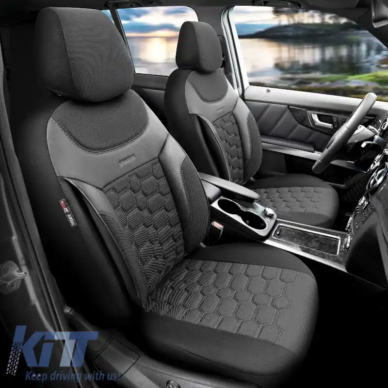 Huse de scaune Otom Design Carbon Universal Jacquard / Rachel / Piele Artificială Set Față / Spate 11 Piese Negru - Gri CRB-3401-image-6306231