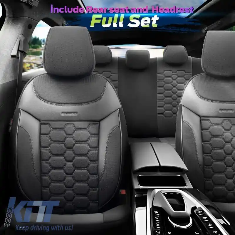 Huse de scaune Otom Design Carbon Universal Jacquard / Rachel / Piele Artificială Set Față / Spate 11 Piese Negru - Gri CRB-3401-image-6306239