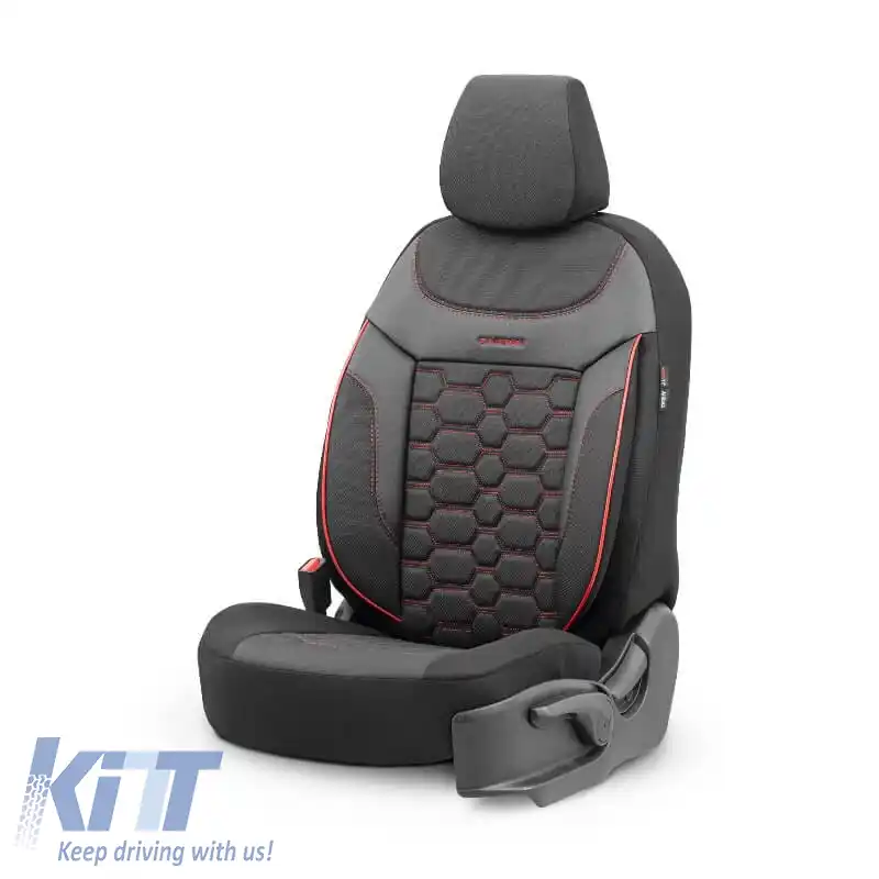 Huse de scaune Otom Design Carbon Universal Jacquard / Rachel / Piele Artificială Set Față / Spate 11 Piese Negru - Roșu CRB-3402-image-6306241