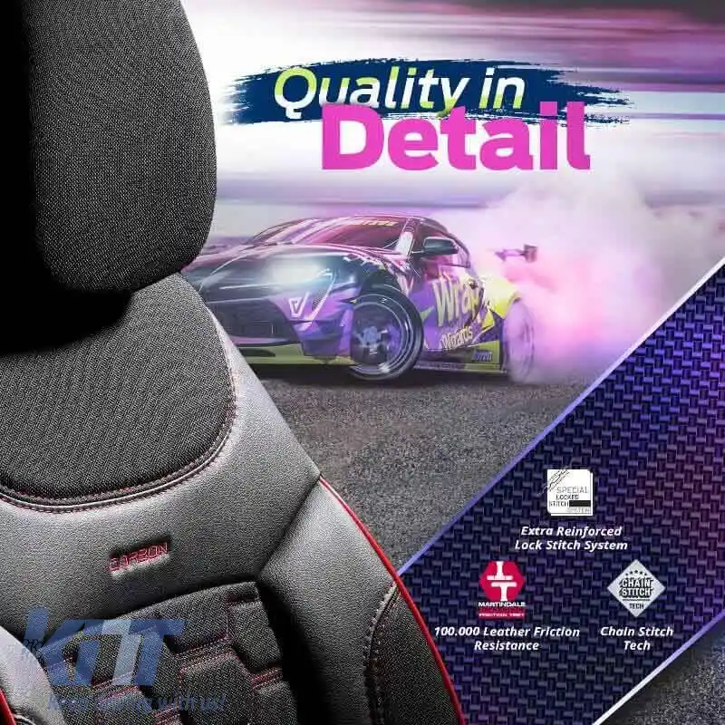 Huse de scaune Otom Design Carbon Universal Jacquard / Rachel / Piele Artificială Set Față / Spate 11 Piese Negru - Roșu CRB-3402-image-6306247
