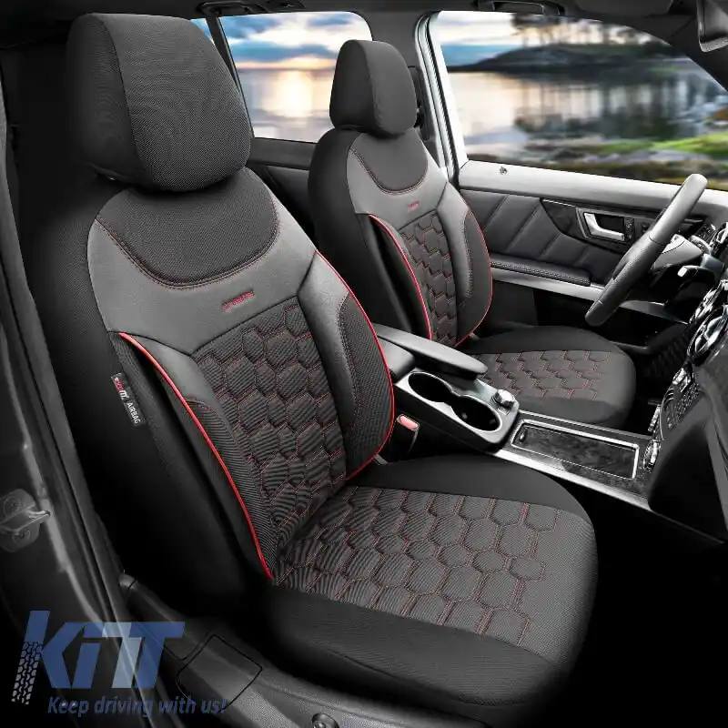 Huse de scaune Otom Design Carbon Universal Jacquard / Rachel / Piele Artificială Set Față / Spate 11 Piese Negru - Roșu CRB-3402-image-6306250