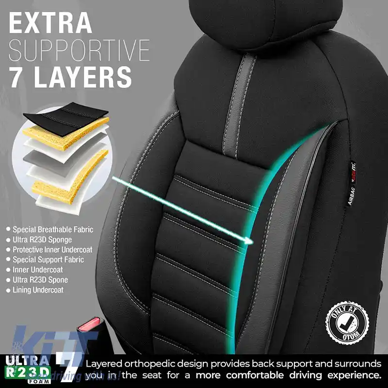 Huse de scaune Otom Design Limitat Universal Jacquard / Lacost / Piele Artificială Set Față / Spate 11 Piese Negru Cu Cusături Gri LMT-102-image-6307280
