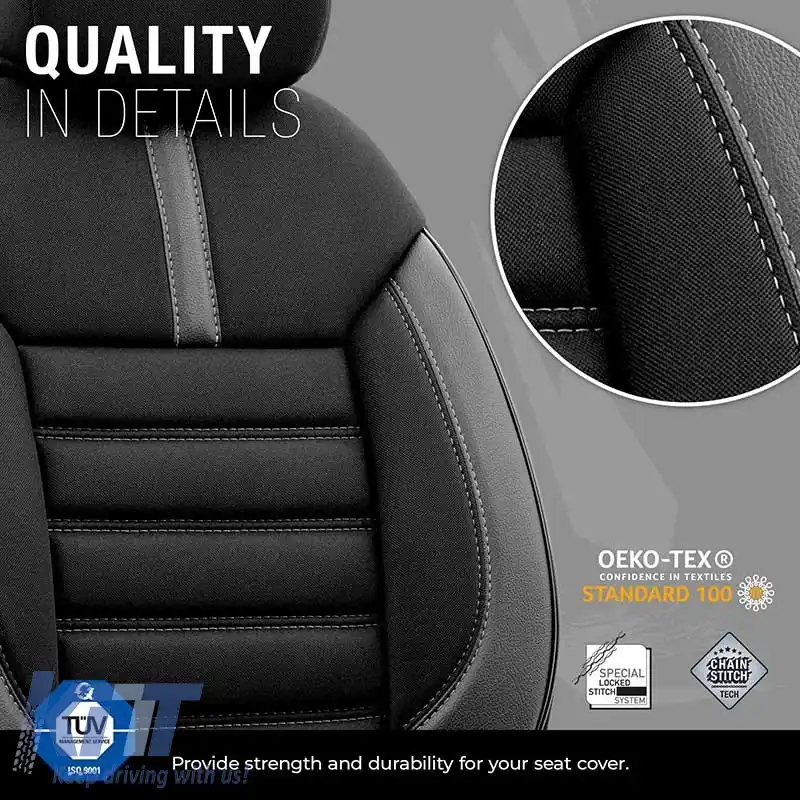 Huse de scaune Otom Design Limitat Universal Jacquard / Lacost / Piele Artificială Set Față / Spate 11 Piese Negru Cu Cusături Gri LMT-102-image-6307282