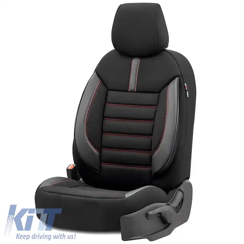 Huse de scaune Otom Design Limitat Universal Jacquard / Lacost / Piele Artificială Set Față / Spate 11 Piese Negru cu Cusături Roșii LMT-101-image-6307295