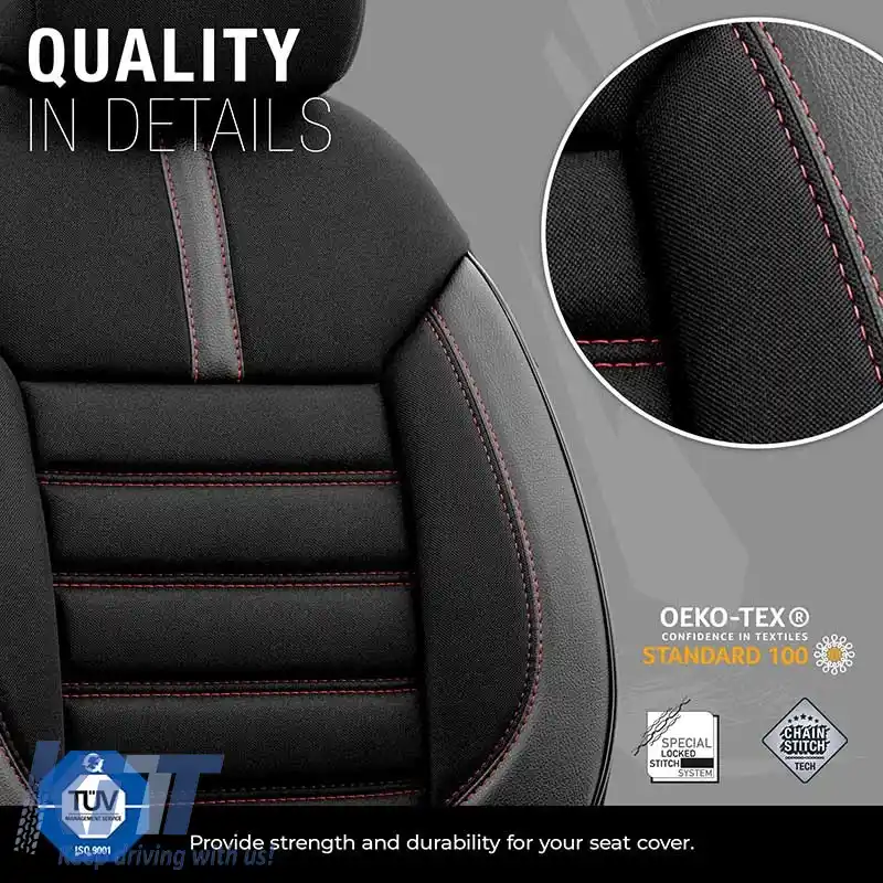 Huse de scaune Otom Design Limitat Universal Jacquard / Lacost / Piele Artificială Set Față / Spate 11 Piese Negru cu Cusături Roșii LMT-101-image-6307300