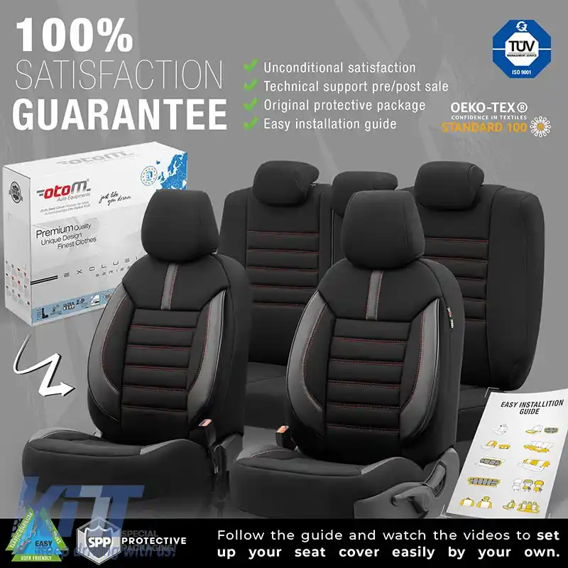 Huse de scaune Otom Design Limitat Universal Jacquard / Lacost / Piele Artificială Set Față / Spate 11 Piese Negru cu Cusături Roșii LMT-101-image-6307302