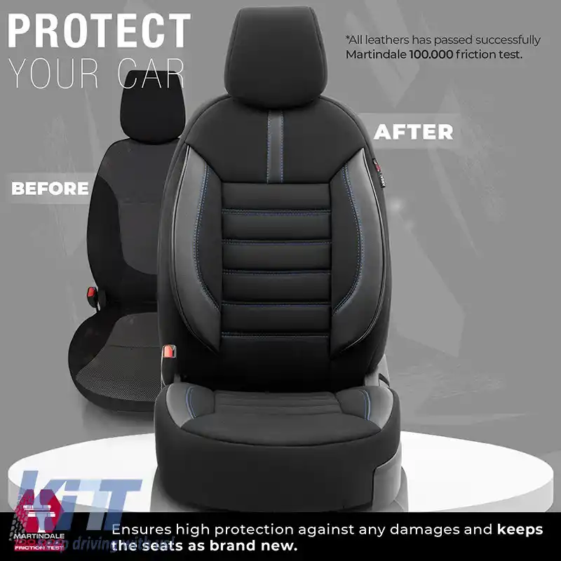 Huse de scaune Otom Design Limitat Universal Jacquard / Lacost / Piele Artificială Set Față / Spate 11 Piese Negru cu Cusături Albastre LMT-103-image-6307323