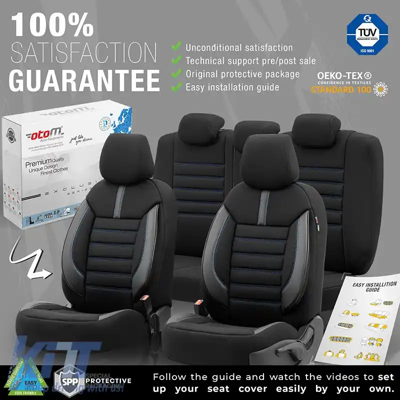 Huse de scaune Otom Design Limitat Universal Jacquard / Lacost / Piele Artificială Set Față / Spate 11 Piese Negru cu Cusături Albastre LMT-103-image-6307326