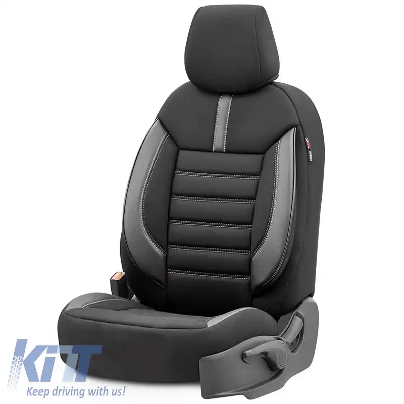 Huse de scaune Otom Design Limitat Universal Jacquard / Lacost / Piele Artificială Set Față / Spate 11 Piese Negru cu Cusături Gri LMT-102-image-6308269