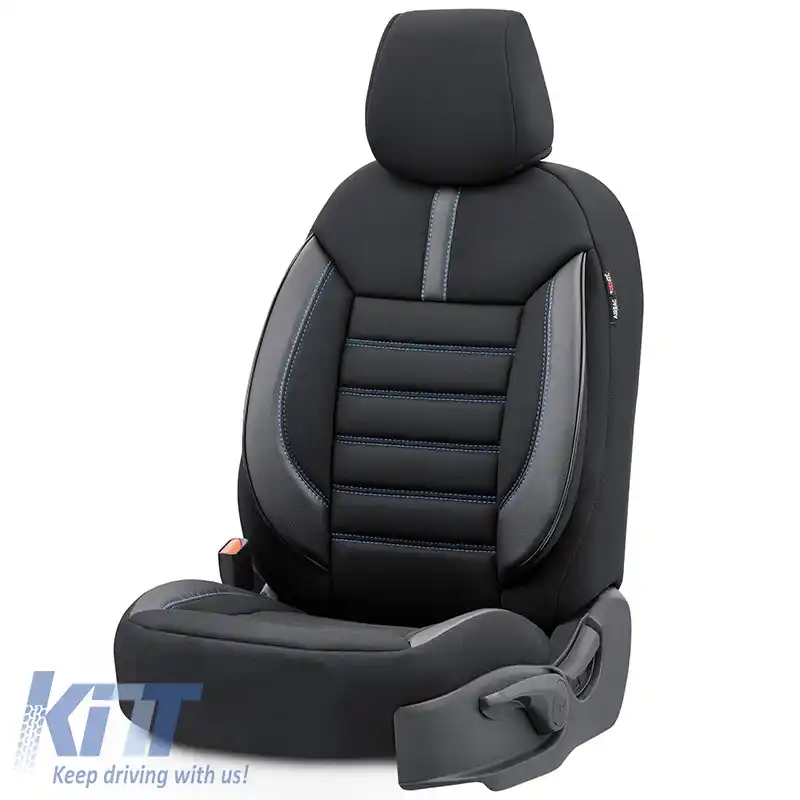 Huse de scaune Otom Design Limitat Universal Jacquard / Lacost / Piele Artificială Set Față / Spate 11 Piese Negru cu Cusături Albastre LMT-103-image-6308290