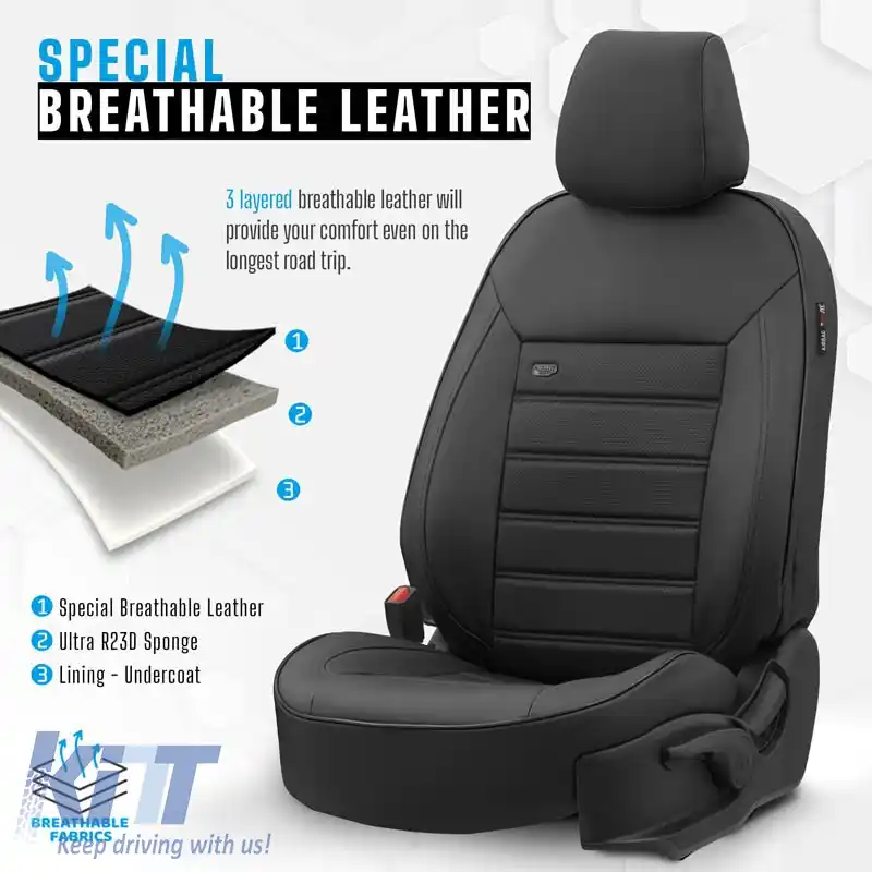 Huse de scaune Otom Design Premium Universal Piele Artificială Completă Set Față / Spate 11 Piese Negru PRM-101-image-6314153