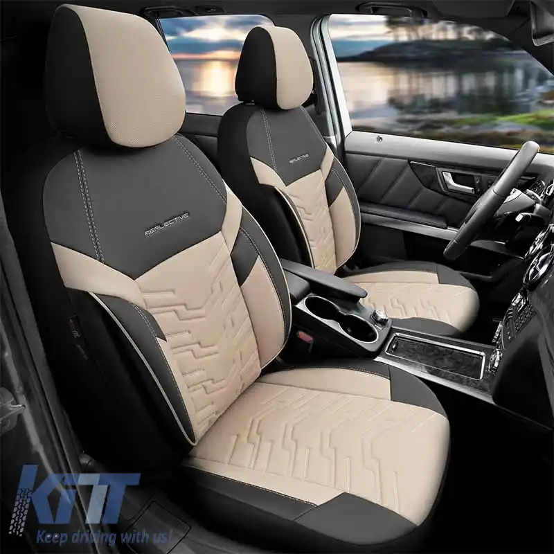 Huse de scaune Otom Design Reflectiv Universal Jacquard / Rachel / Piele Artificială Set Față / Spate 11 Piese Negru - Bej RFL-2605-image-6305245