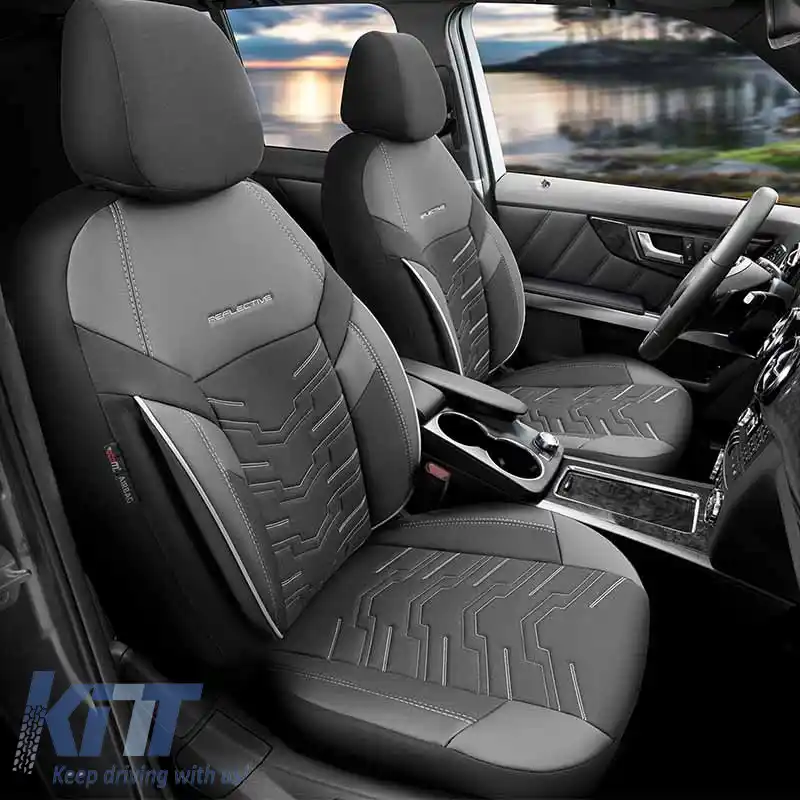 Huse de scaune Otom Design Reflectiv Universal Jacquard / Rachel / Piele Artificială Set Față / Spate 11 Piese Negru cu Cusături Albe RFL-2602-image-6305256