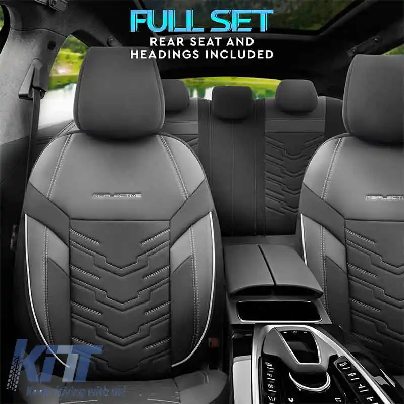 Huse de scaune Otom Design Reflectiv Universal Jacquard / Rachel / Piele Artificială Set Față / Spate 11 Piese Negru cu Cusături Albe RFL-2602-image-6305258