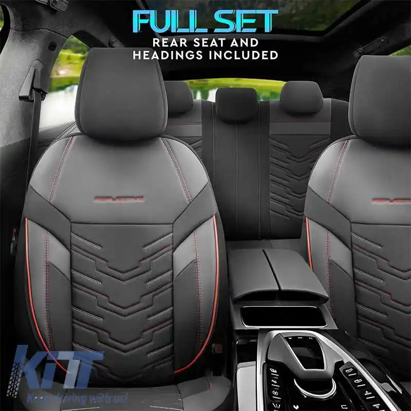 Huse de scaune Otom Design Reflectiv Universal Jacquard / Rachel / Piele Artificială Set Față / Spate 11 Piese Negru Cu Cusături Roșii RFL-2601-image-6305269