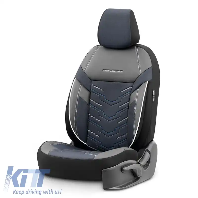 Huse de scaune Otom Design Reflectiv Universal Jacquard / Rachel / Piele Artificială Set Față / Spate 11 Piese Negru Cu Cusături Albastre RFL-2604-image-6305273
