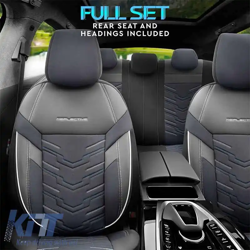 Huse de scaune Otom Design Reflectiv Universal Jacquard / Rachel / Piele Artificială Set Față / Spate 11 Piese Negru Cu Cusături Albastre RFL-2604-image-6305280