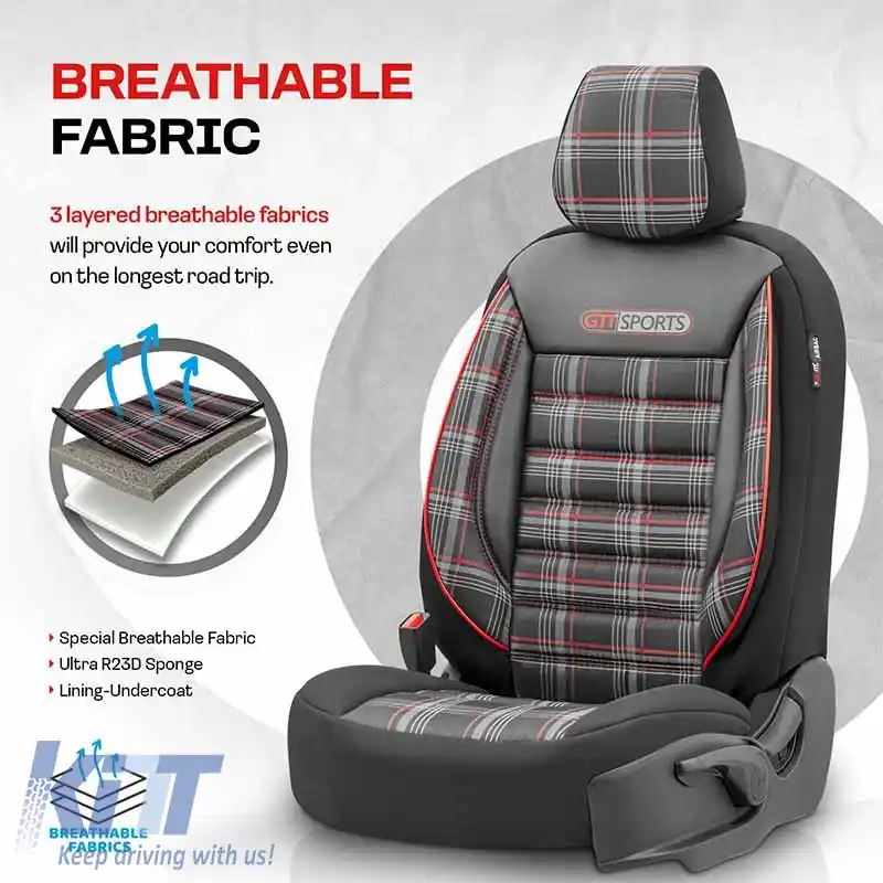 Huse de scaune Otom GTI Design Sport Universal Jacquard / Lacost / Piele Artificială Set Față / Spate 11 Piese Negru - Roșu GTI-801-image-6305376