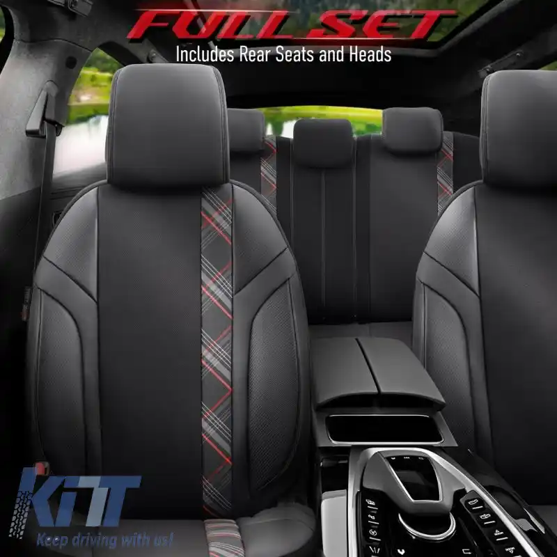 Huse de scaune Otom Horizon Universal Jacquard / Rachel / Piele artificială Set față / spate 11 piese Negru / Roșu HRZ-1801-image-6309893