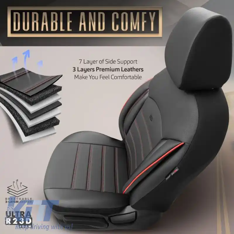 Huse de scaune Otom Inspire Design Universale din Piele Artificială Completă Set Față / Spate 11 Piese Negru cu Cusături Roșii INS-3503-image-6309972
