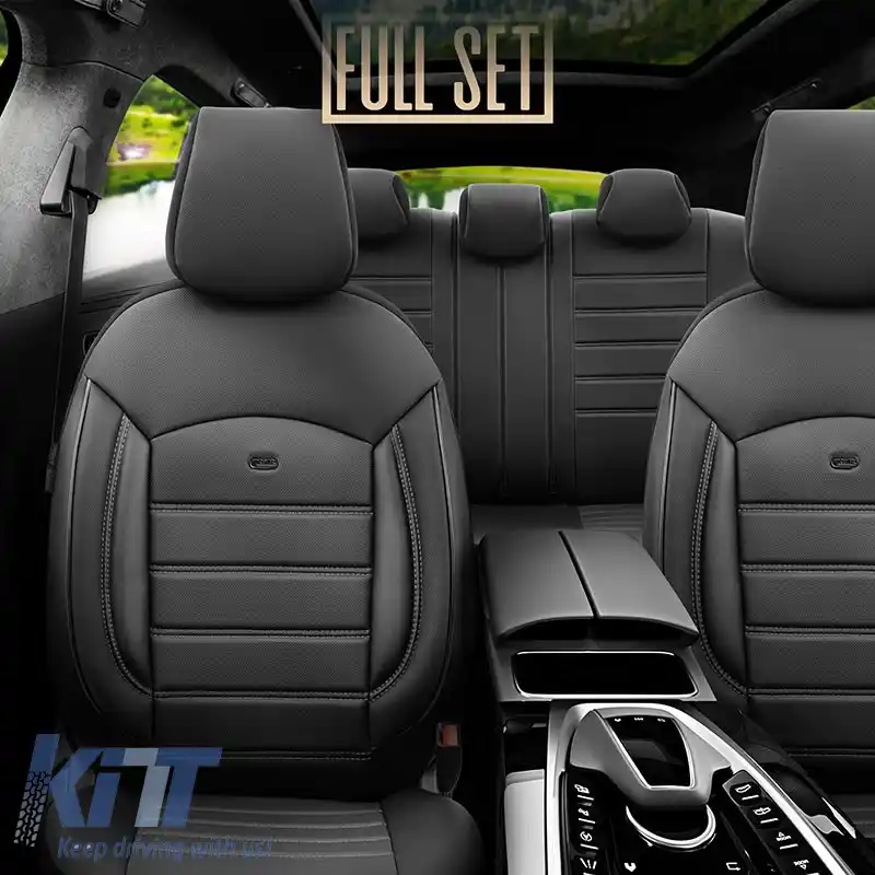 Huse de scaune Otom Inspire Design Universale din Piele Artificială Completă Set Față / Spate 11 Piese Negru cu Cusături Gri INS-3502-image-6310040