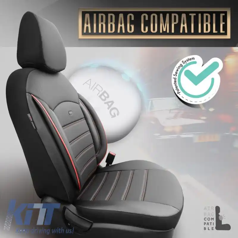 Huse de scaune Otom Inspire Design Universale din Piele Artificială Completă Set Față / Spate 11 Piese Negru cu Cusături Roșii INS-3503-image-6310932