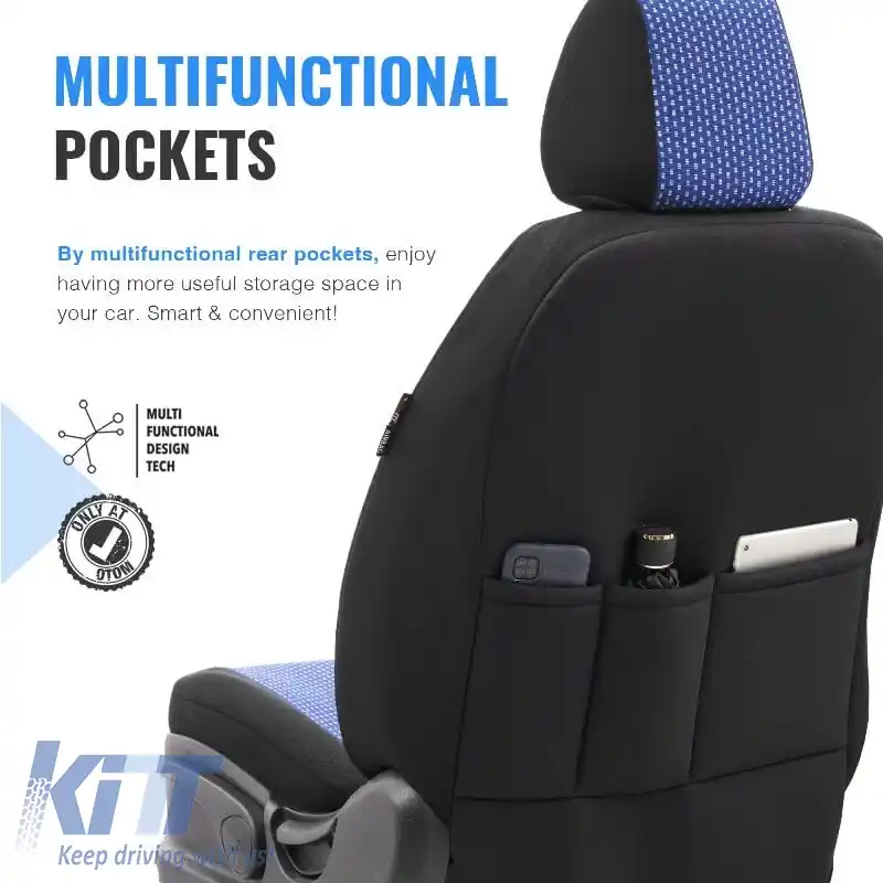 Huse de scaune Otom Smart Design Universal Bumbac / Piele Set Față / Spate 11 Piese Negru / Albastru SLTSMT104-NZ-image-6319223