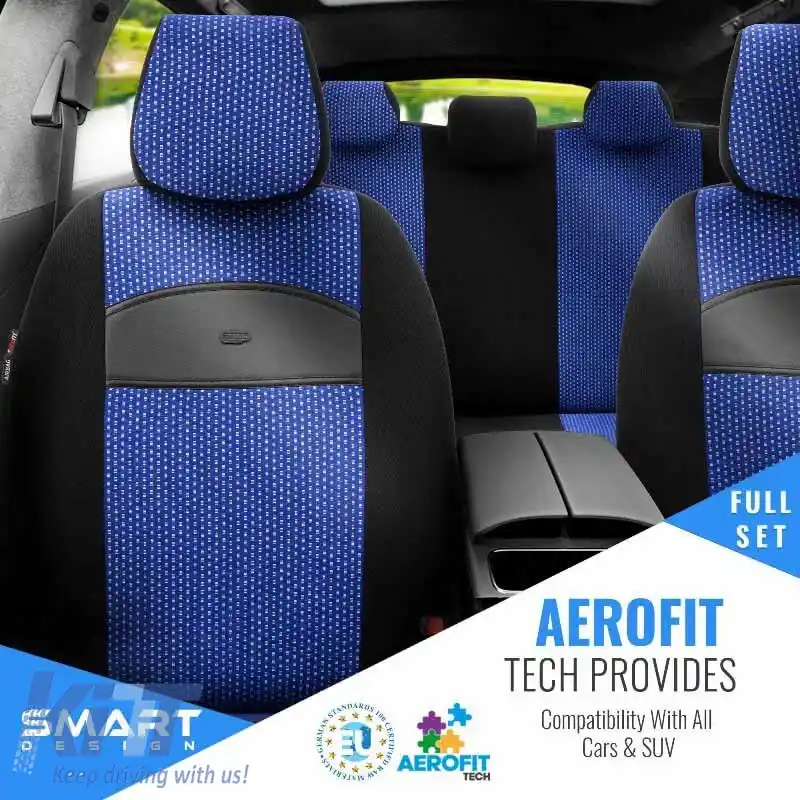 Huse de scaune Otom Smart Design Universal Bumbac / Piele Set Față / Spate 11 Piese Negru / Albastru SLTSMT104-NZ-image-6320112