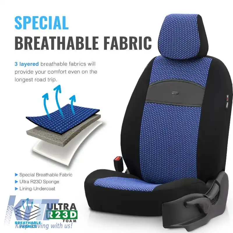 Huse de scaune Otom Smart Design Universal Bumbac / Piele Set Față / Spate 11 Piese Negru / Albastru SLTSMT104-NZ-image-6320113