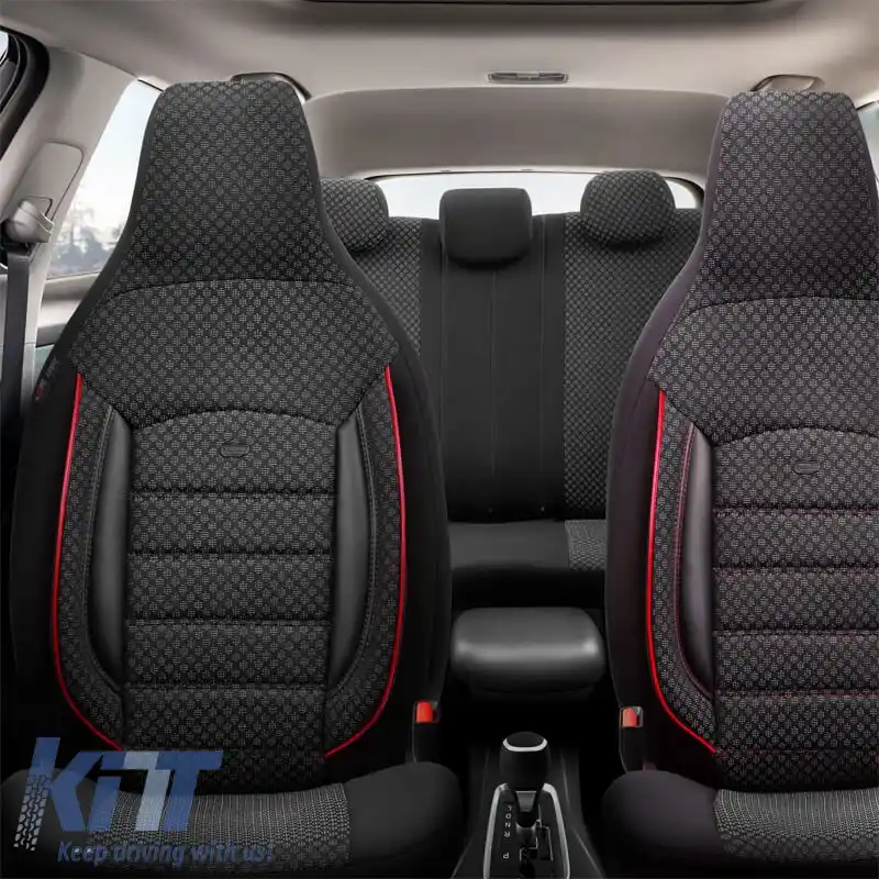 Huse de scaune Otom Sport Plus City Design Universal Bumbac / Rachel / Piele Artificială Set Față / Spate 11 Piese Negru Cu Cusături Roșii SPTPLS-102CTY-image-6315056