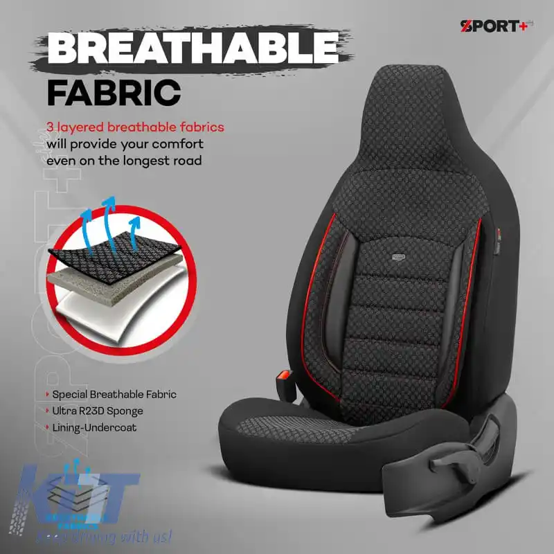 Huse de scaune Otom Sport Plus City Design Universal Bumbac / Rachel / Piele Artificială Set Față / Spate 11 Piese Negru Cu Cusături Roșii SPTPLS-102CTY-image-6315059