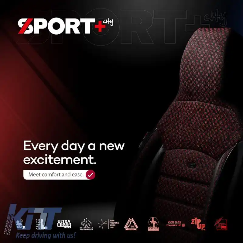 Huse de scaune Otom Sport Plus City Design Universal Bumbac / Rachel / Piele Artificială Set Față / Spate 11 Piese Negru Cu Cusături Roșii SPTPLS-102CTY-image-6315065