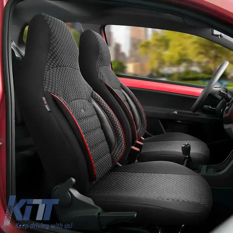 Huse de scaune Otom Sport Plus City Design Universal Bumbac / Rachel / Piele artificială Set față / spate 11 piese Negru cu cusături roșii SPTPLS-102CTY-image-6316152