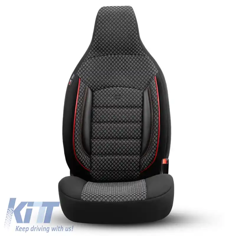 Huse de scaune Otom Sport Plus City Design Universal Bumbac / Rachel / Piele artificială Set față / spate 11 piese Negru cu cusături roșii SPTPLS-102CTY-image-6316153