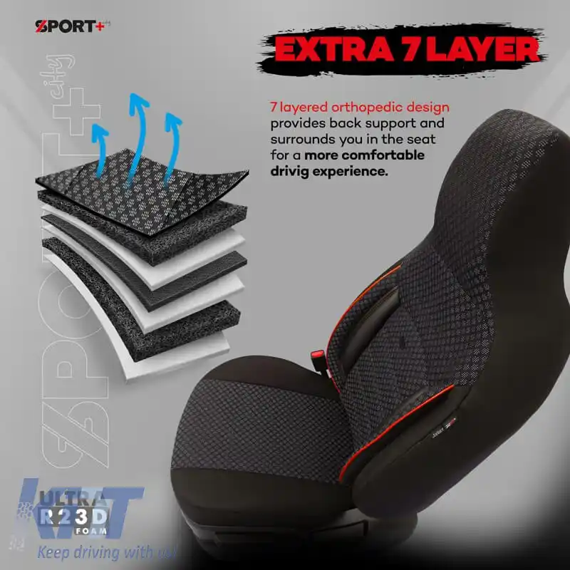 Huse de scaune Otom Sport Plus City Design Universal Bumbac / Rachel / Piele artificială Set față / spate 11 piese Negru cu cusături roșii SPTPLS-102CTY-image-6316155