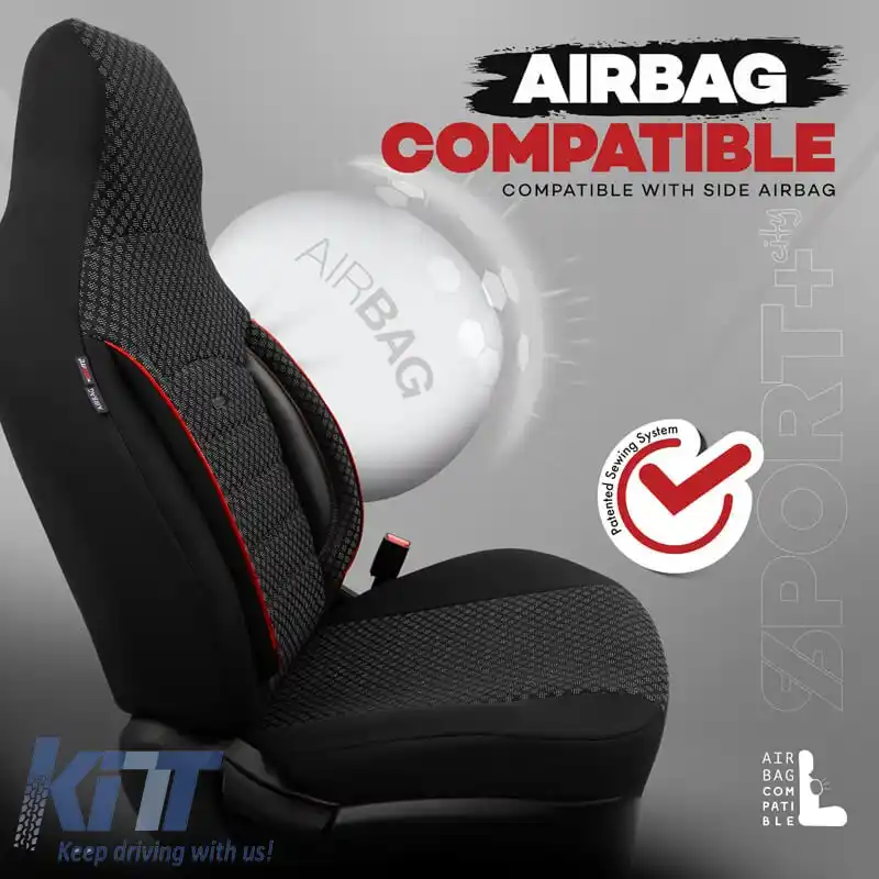 Huse de scaune Otom Sport Plus City Design Universal Bumbac / Rachel / Piele artificială Set față / spate 11 piese Negru cu cusături roșii SPTPLS-102CTY-image-6316156