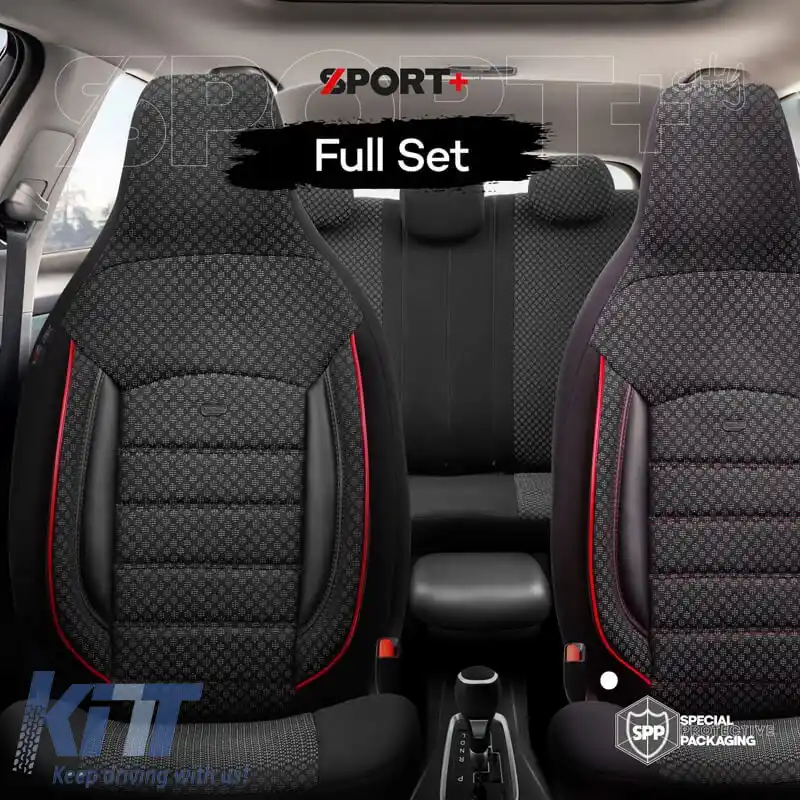 Huse de scaune Otom Sport Plus City Design Universal Bumbac / Rachel / Piele artificială Set față / spate 11 piese Negru cu cusături roșii SPTPLS-102CTY-image-6316157