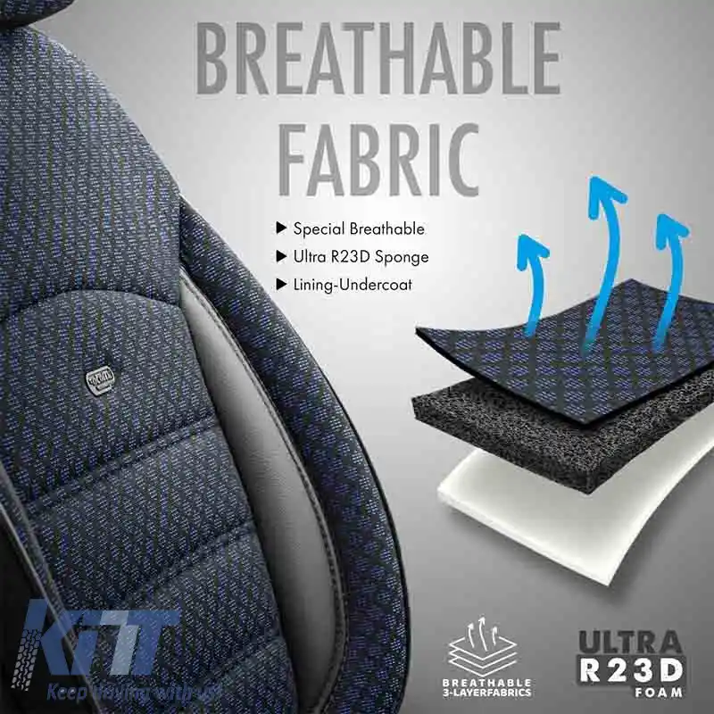 Huse de scaune Otom Sport Plus Design Universal Bumbac / Rachel / Piele Artificială Set Față / Spate 11 Piese Negru / Albastru SPTPLS-104-image-6305210