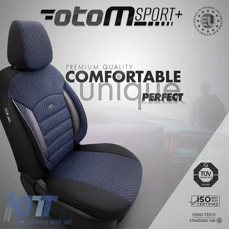 Huse de scaune Otom Sport Plus Design Universal Bumbac / Rachel / Piele Artificială Set Față / Spate 11 Piese Negru / Albastru SPTPLS-104-image-6305212