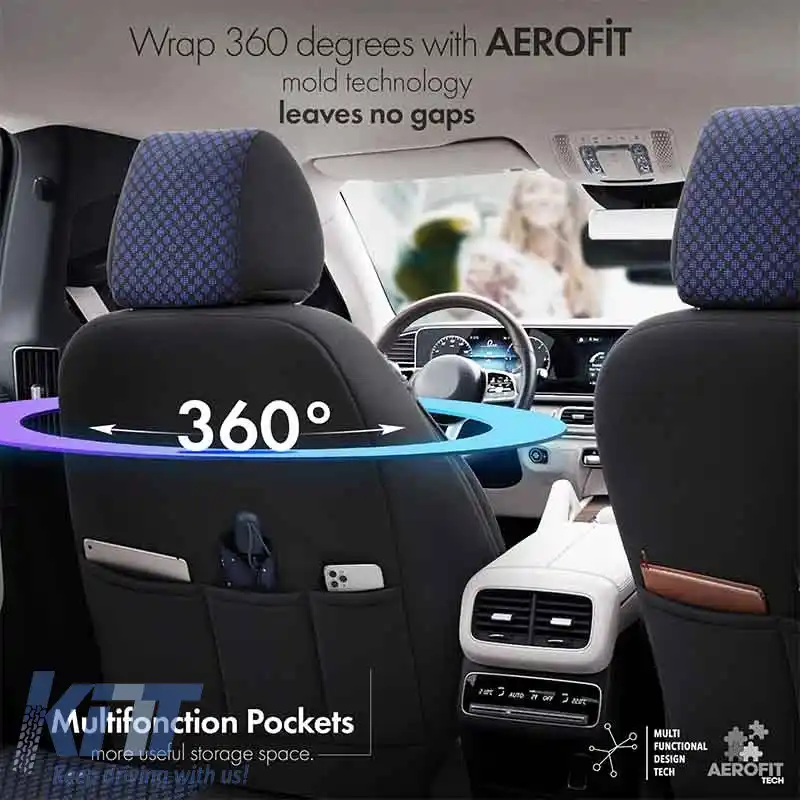 Huse de scaune Otom Sport Plus Design Universal Bumbac / Rachel / Piele Artificială Set Față / Spate 11 Piese Negru / Albastru SPTPLS-104-image-6305214
